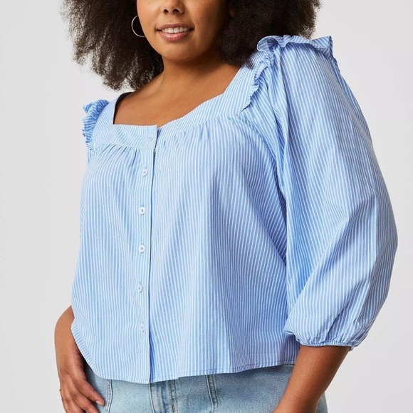torrid Tops - TORRID WOMENS RUFFLE TRIM STRIPED BLOUSE BLUE WHITE 2X NEW WITH TAGS